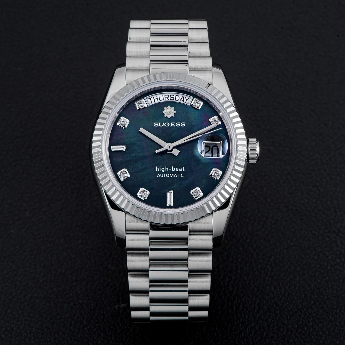Sugess 36mm Mens of Watch Automatic Dandong Peacock SL3034 Day Movement Sapphire Glass 100m Waterproof Wristwatches MOP Date New