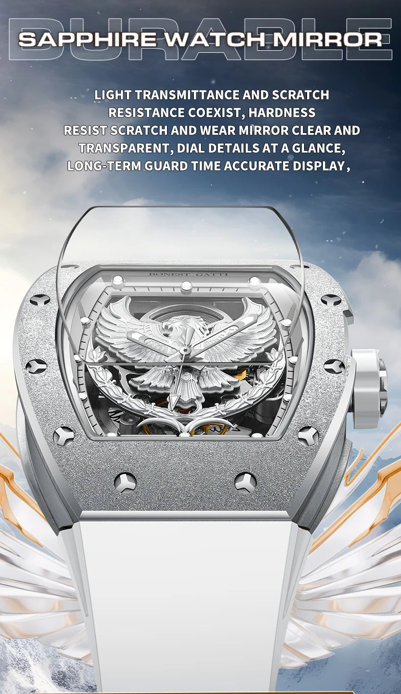 BONEST GATTI Luxury Men Hollow Automatic Mechanical Watches Tonneau Sapphire Crystal Luminous Hollow Eagle Dial Rubber Strapes