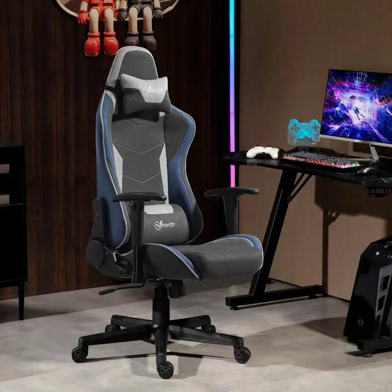 Gaming Chair Reclining 150 ° with Rocking Function, in Linen Effect Fabric, 66X53X128-138 Cm, Gray