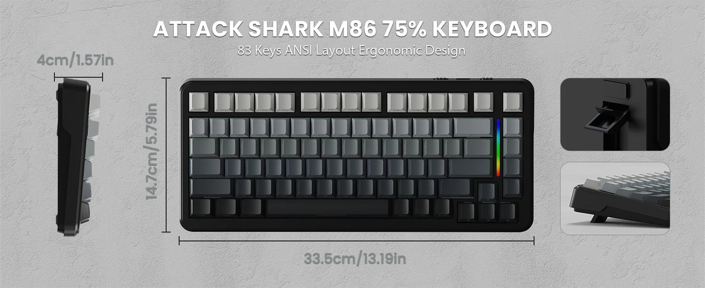 ATTACK SHARK M86 Wireless Mechanical Gaming Keyboard, 75% Gasket Hot Swappable RGB Mechanical Keyboard with Side-Printed PBT Keycaps, Tri-Mode Custom Gaming Keyboard
