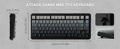 ATTACK SHARK M86 Wireless Mechanical Gaming Keyboard, 75% Gasket Hot Swappable RGB Mechanical Keyboard with Side-Printed PBT Keycaps, Tri-Mode Custom Gaming Keyboard