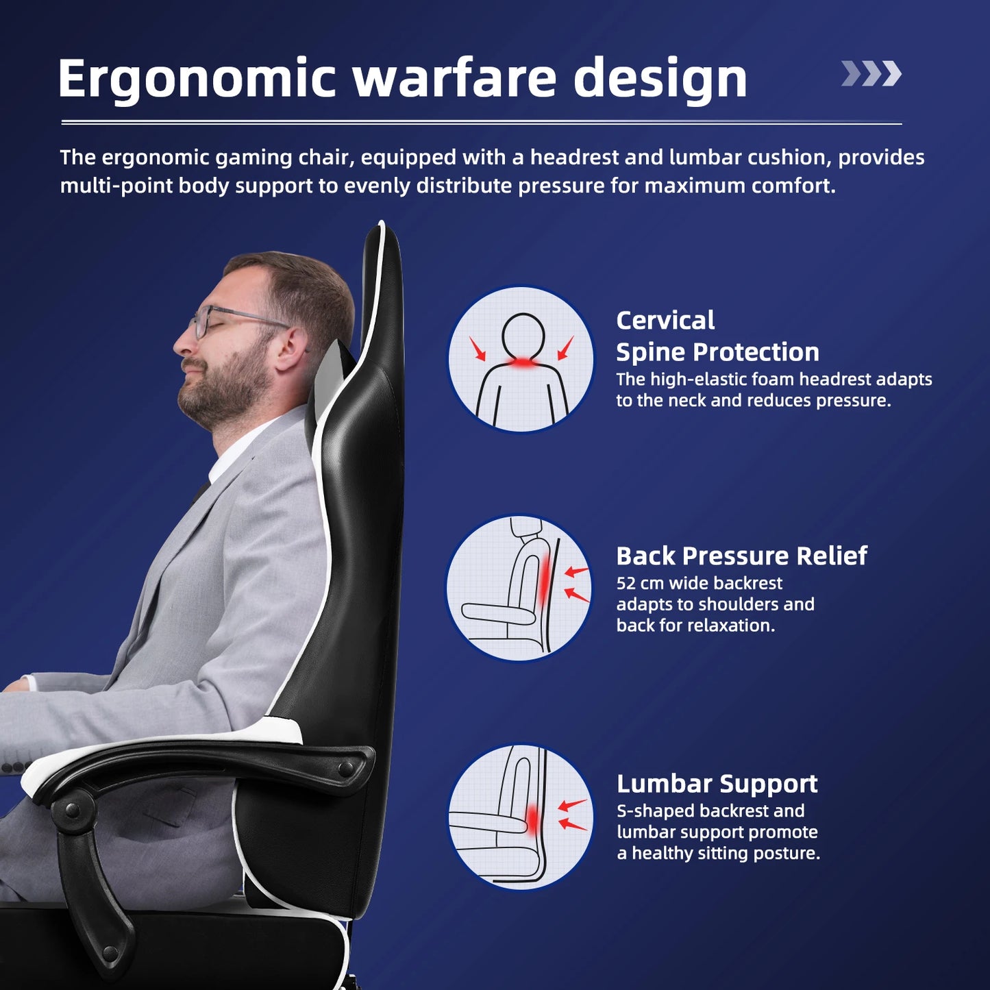 AUTHMIC Gaming Chair Ergonomic Reclining Office Chair with Adjustable Lumbar Support & Headrest High-Back PC Gamer Adults Teen