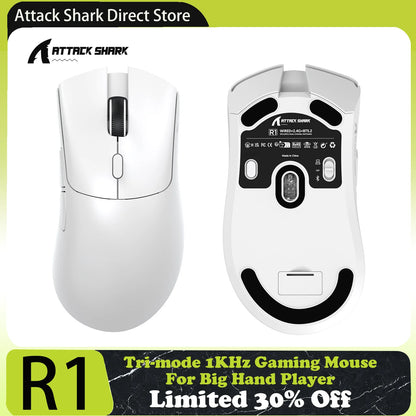 Rato Gaming Tri-Mode ATTACK SHARK R1, Sensor PixArt PAW3311, 18000 DPI, 1000hz, ultraleve de 59g para mãos grandes, para PC/Mac