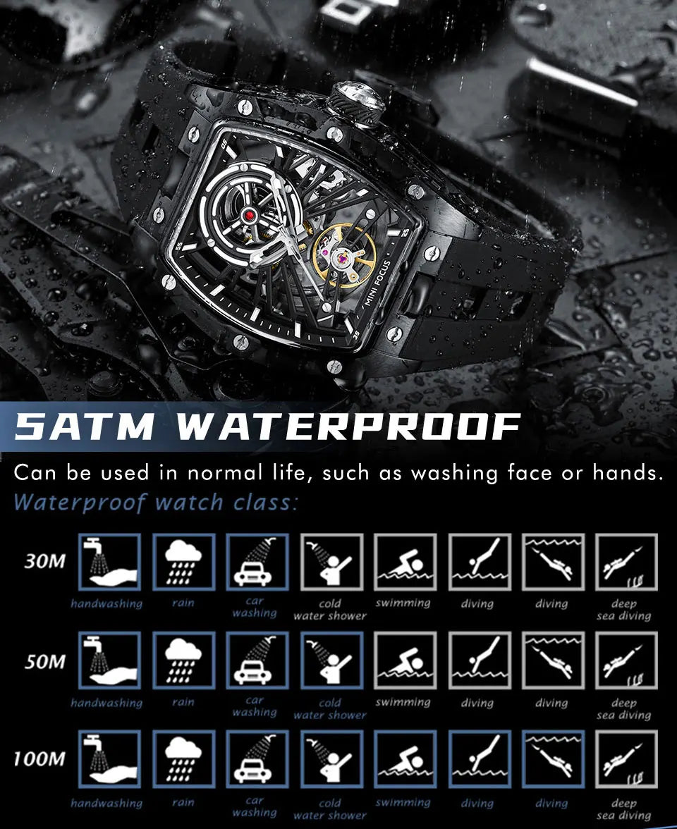 MINI FOCUS Orologio da polso da uomo fashion nero impermeabile, automatico meccanico, con lancette luminose, cinturino in silicone e quadrante tonneau