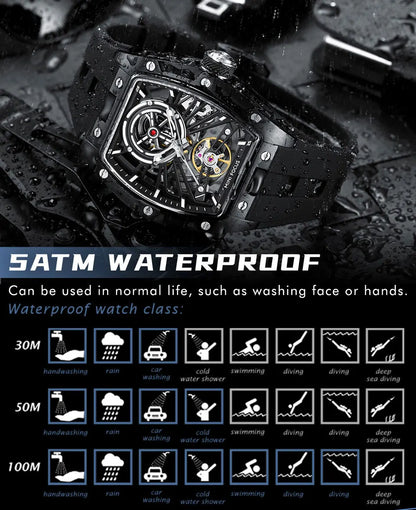 MINI FOCUS Orologio da polso da uomo fashion nero impermeabile, automatico meccanico, con lancette luminose, cinturino in silicone e quadrante tonneau