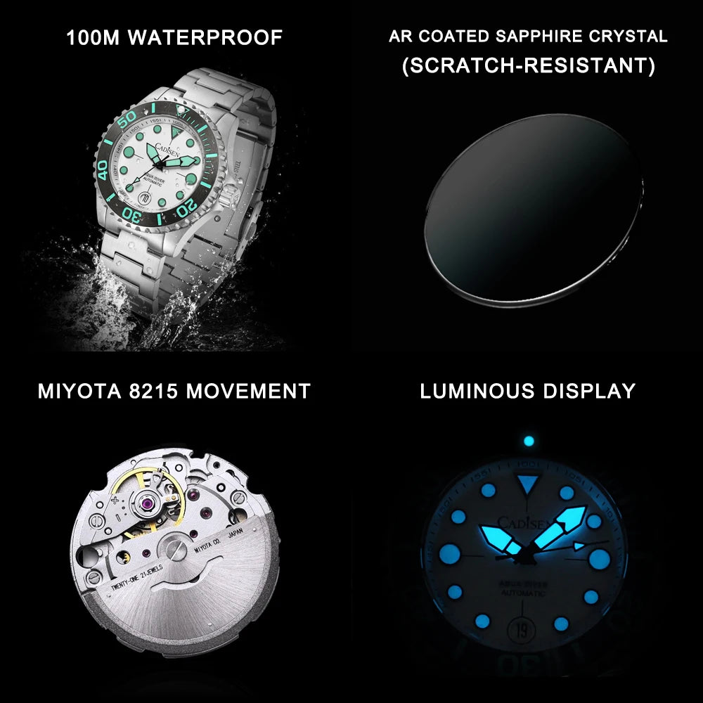 NEW 2026 CADISEN AQUA DIVER Brand Luxury Men Watches Automatic Watch Japan 8215 100M Waterproof Luminous Mechanical Wristwatch