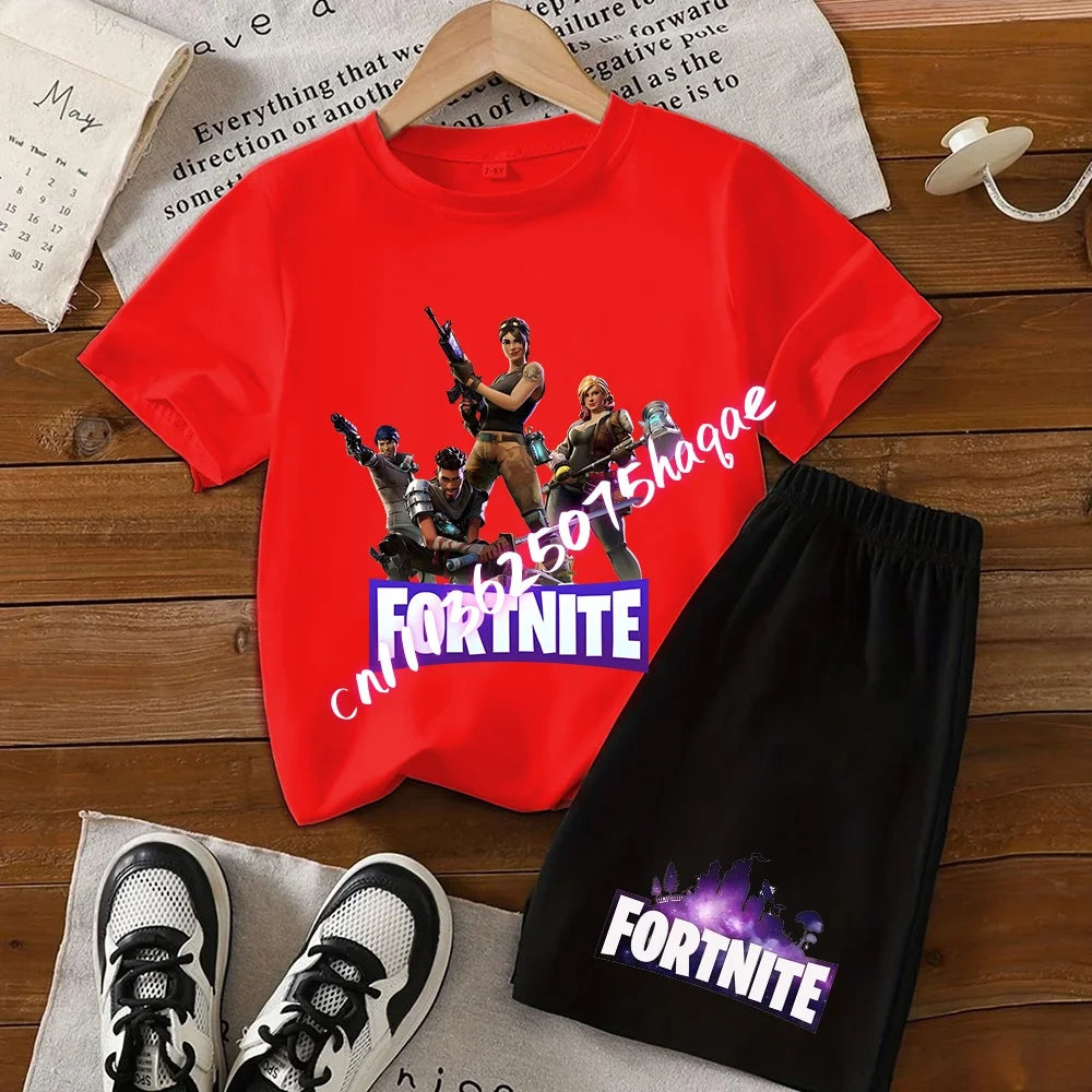 2026 New Fortnite Kids Pure Cotton Short-Sleeved Set with Cartoon Print Boys' Sport Shirt Casual Top Summer T-Shirt 2 Pieces