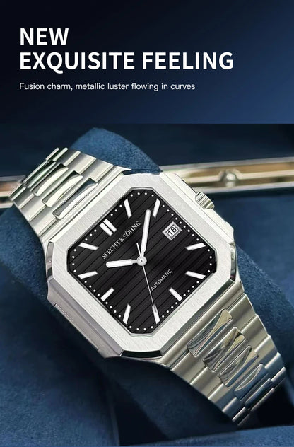 2025 Specht & Söhne Men's Classic Cubic Automatic Mechanical Watch 50M Waterproof Luminous Sapphire Crystal Reloj Hombre 41MM