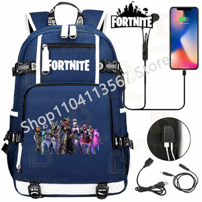 Mochila Red Jade F-Fortnited Battle Royale com carregamento USB, figuras anime e compartimento para material escolar para estudantes
