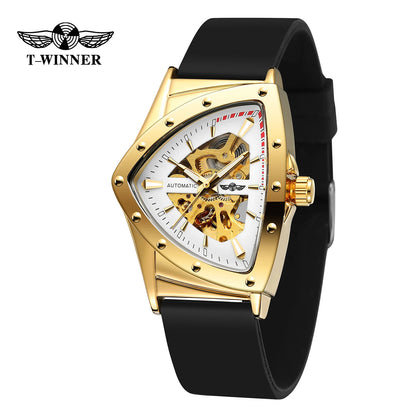 WINNER High Quality Watch for Men Triangle Steel Skeleton Mechanical Automatic Movement Clockwork Waterproof Rubber strap Wrist