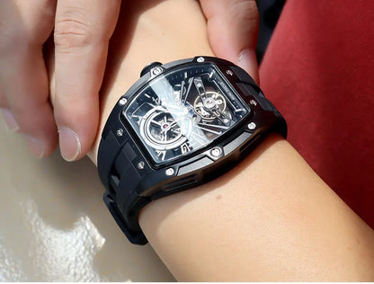 MINI FOCUS Orologio da polso da uomo fashion nero impermeabile, automatico meccanico, con lancette luminose, cinturino in silicone e quadrante tonneau