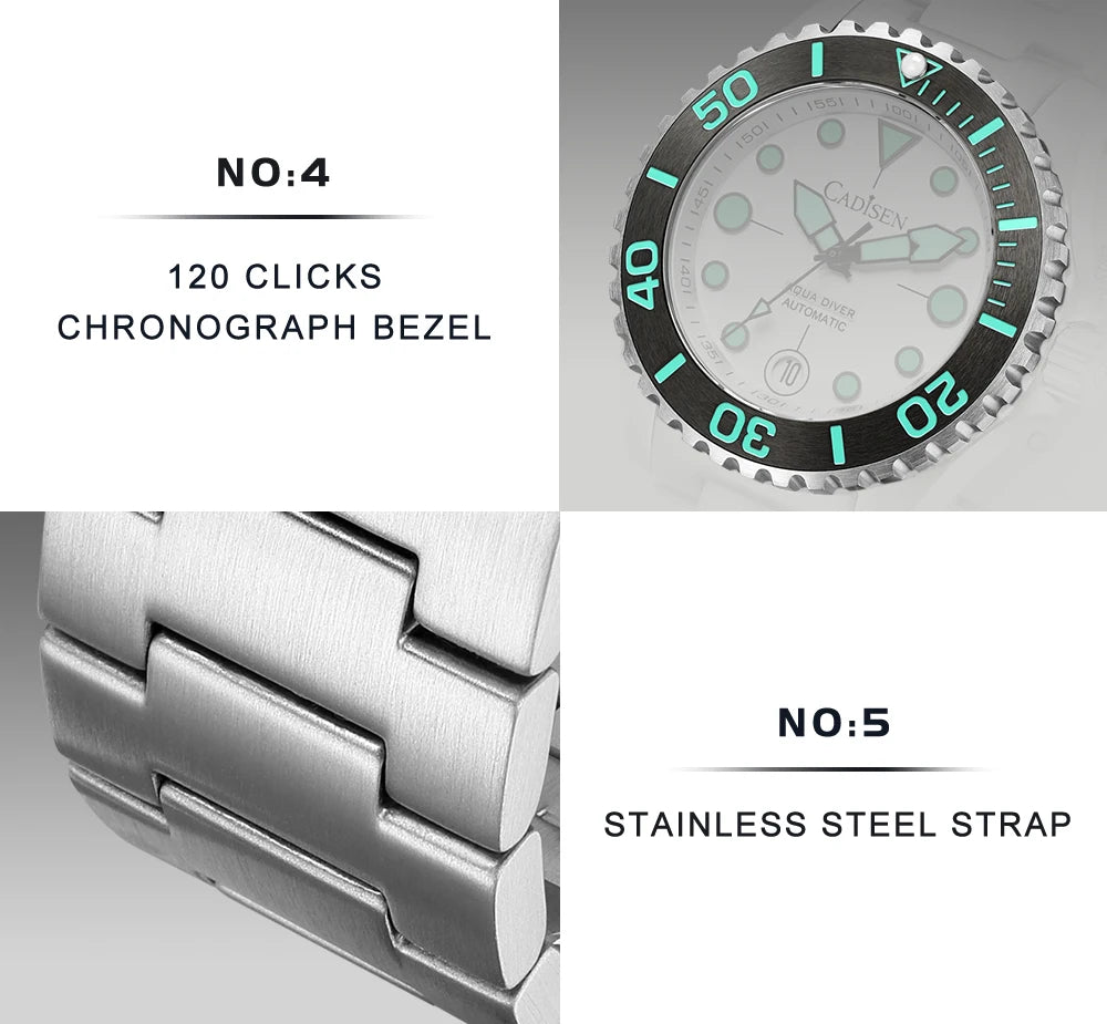 NEW 2026 CADISEN AQUA DIVER Brand Luxury Men Watches Automatic Watch Japan 8215 100M Waterproof Luminous Mechanical Wristwatch