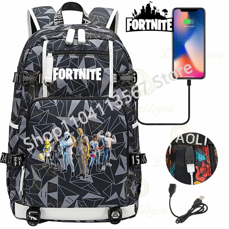 Ultima Knight F-Fortnited Battle Royale Rucksack mit USB-Ladeanschluss, Anime-Figuren und Studienfach für Schreibwaren für Schüler