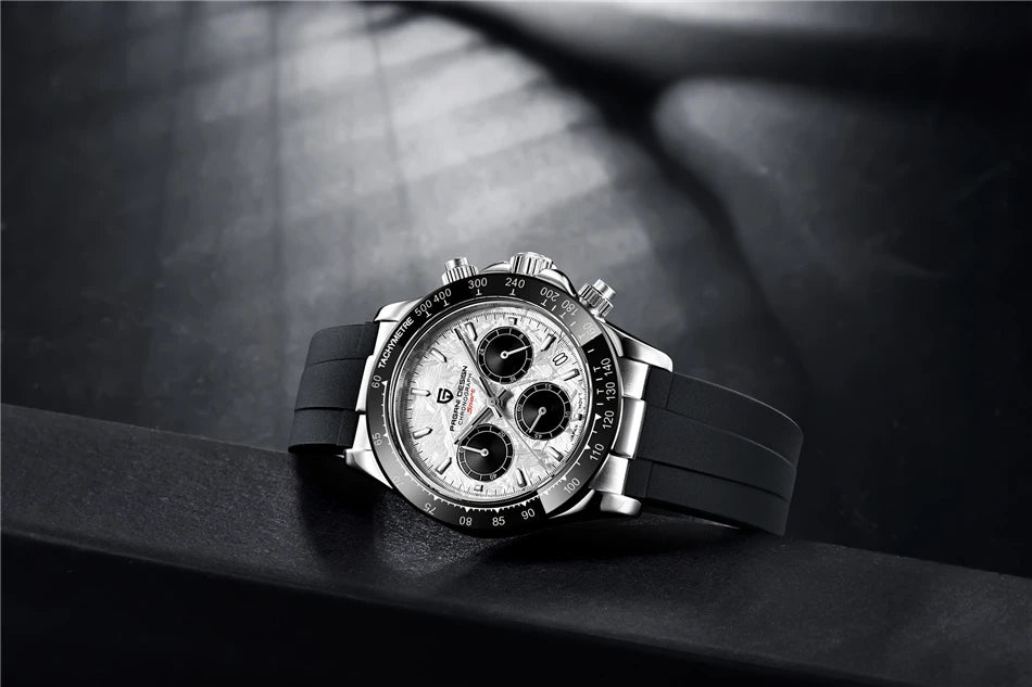 PAGANI DESIGN V2 40MM Herrenuhr mit Meteorit-Zifferblatt, Quarzwerk, Saphirglas, Retro-Chronograph, wasserdichte Uhr für Herren