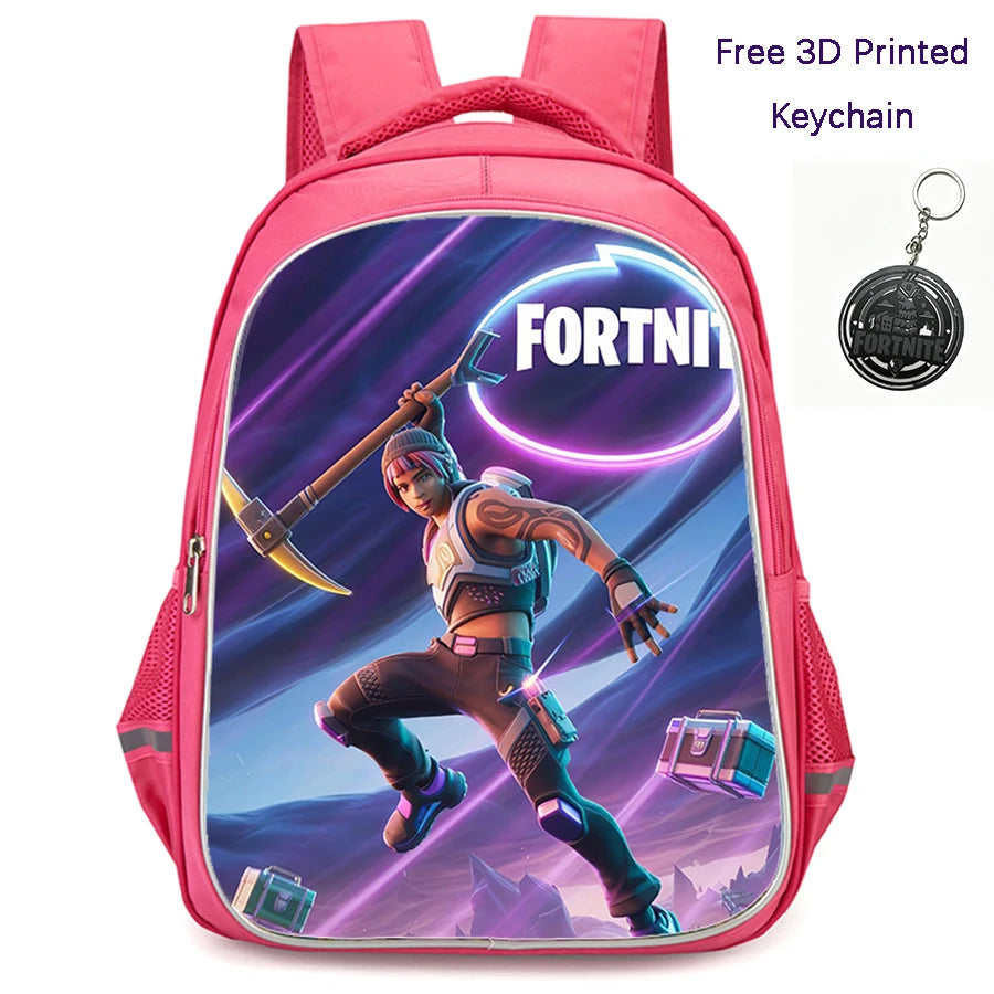 FORTNITE 16-inch Durable Lightweight Backpack, Dual Zipper Pockets, Cartoon Style for Boys & Girls 6-10,Free 3D Printed Keychain