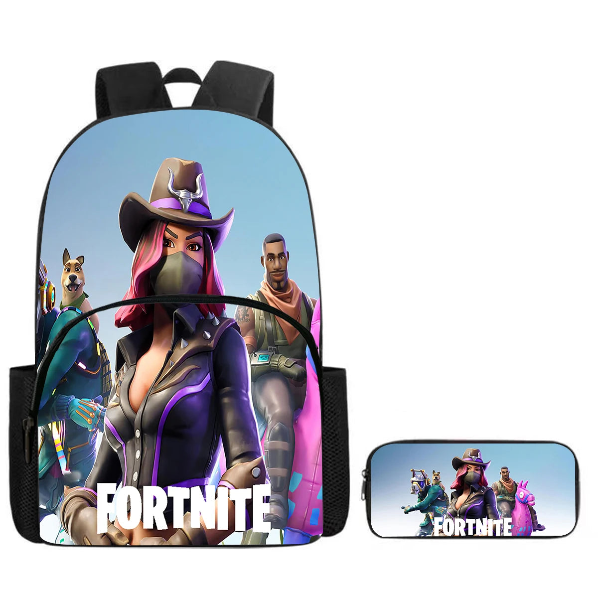 Fortnite Cartoon Backpack with Front Pocket & Pencil Case 2PCS - School Set for Boys Girls Age 5-8, Back to School Gift