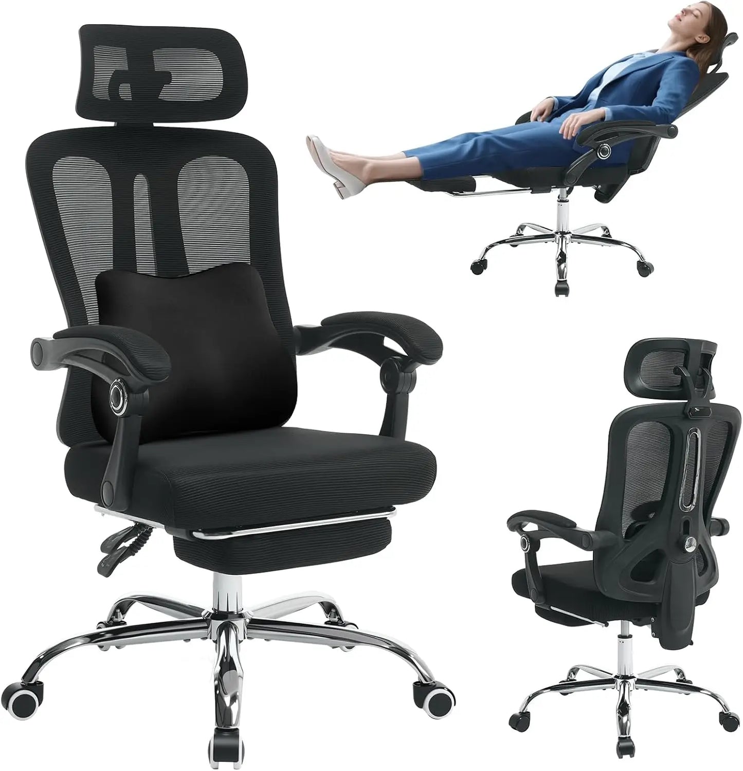 Ergonomic High Back Mesh Gaming Chair with Retractable Footrest, Adjustable Headrest & Lumbar Support, Spacious Comfortable Office Desk Chair with Wheels, Swivel Computer Seating for Home Study & Work, Large Size, Black
