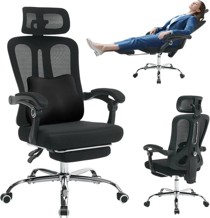 Ergonomic High Back Mesh Gaming Chair with Retractable Footrest, Adjustable Headrest & Lumbar Support, Spacious Comfortable Office Desk Chair with Wheels, Swivel Computer Seating for Home Study & Work, Large Size, Black