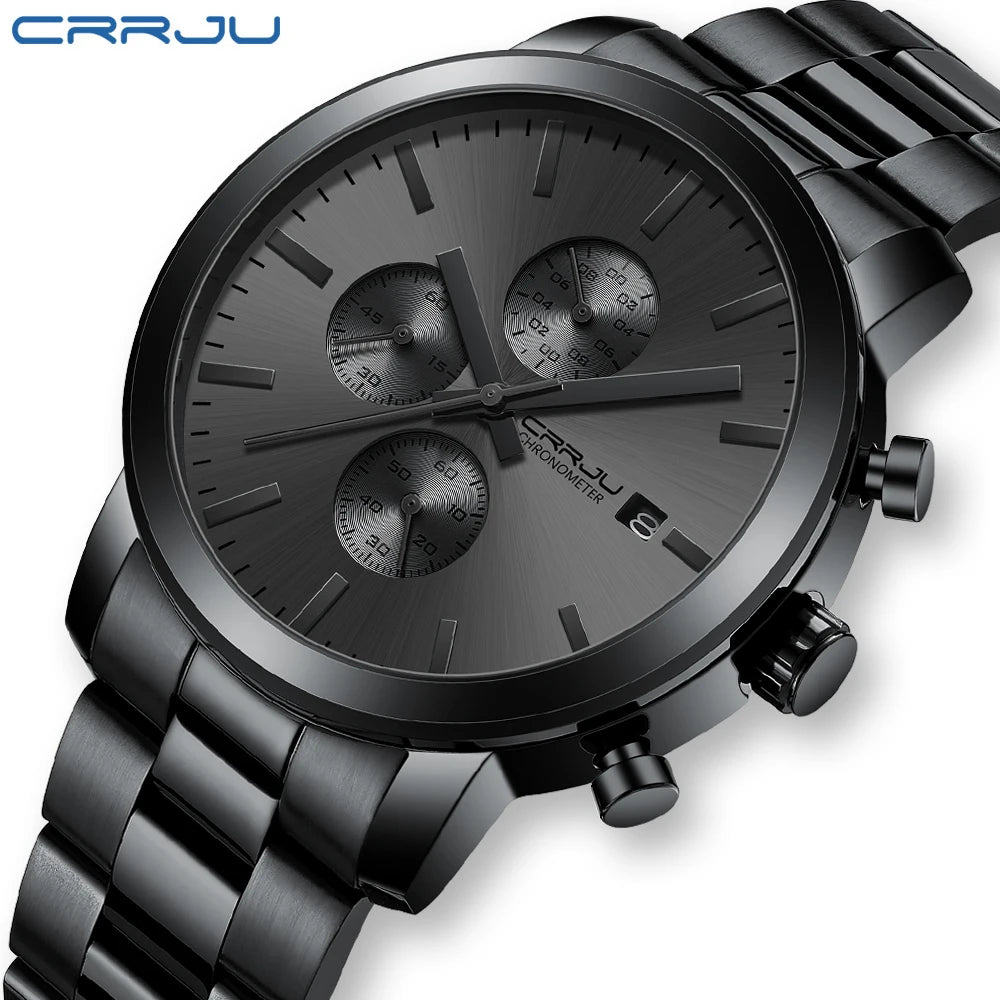 Ceas pentru bărbați CRRJU – Cronograf din oțel inoxidabil, rezistent la apă, cu afișaj al datei, mecanism analogic cu cuarț, stil elegant și profesional