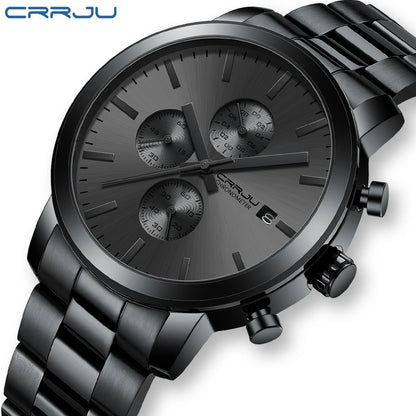 Ceas pentru bărbați CRRJU – Cronograf din oțel inoxidabil, rezistent la apă, cu afișaj al datei, mecanism analogic cu cuarț, stil elegant și profesional