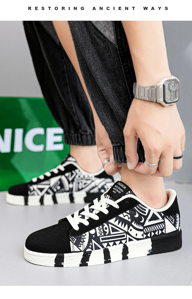 YRZL Men's Sports Running Shoes Canvas Geometric Style Lace-Up Sneakers Couples' Fashionable Graffiti Print Skate Shoes