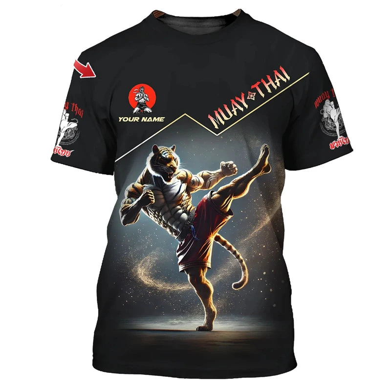 Μοντέρνο νέο γραφικό T-shirt Muay Thai για άνδρες, 3D εκτύπωση με γραφικό τίγρης και δράκου, προσωποποιημένο με όνομα, καλοκαιρινό T-shirt για γυμναστήριο και fitness