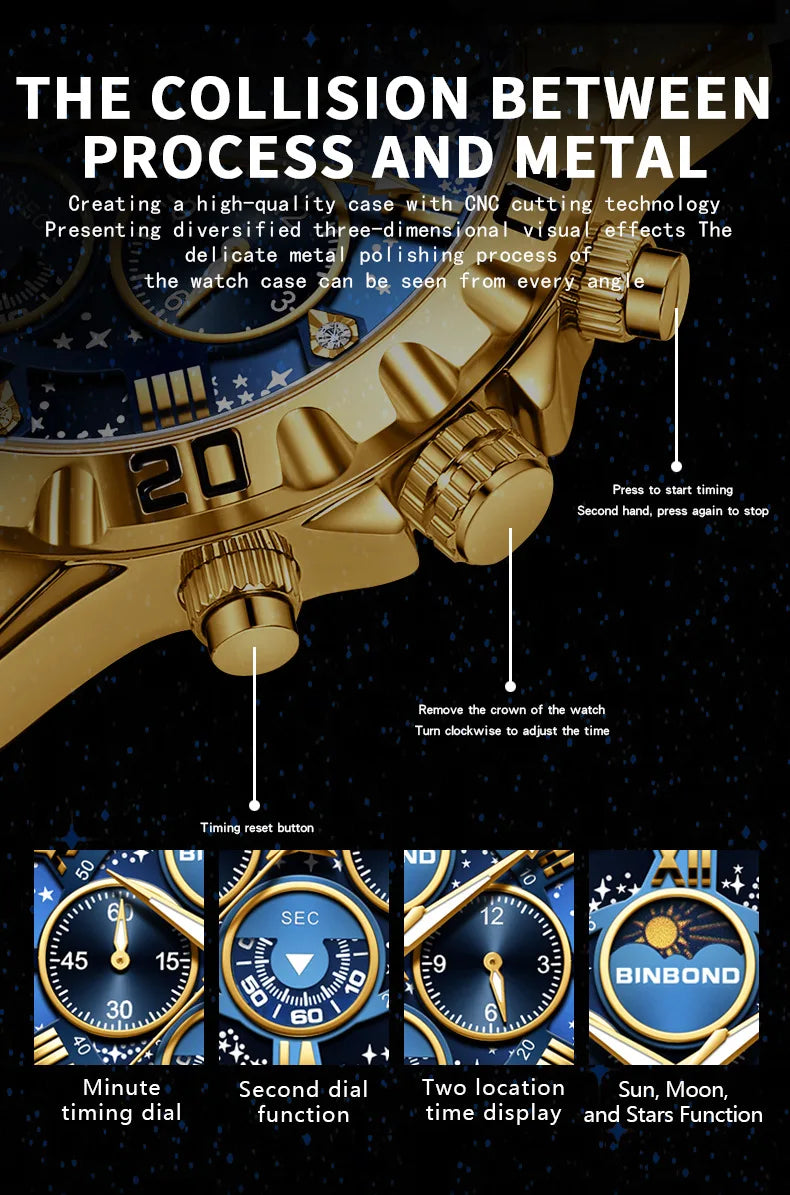 2026 Men Watch Light Luxury Business Steel Belt Moonphase Starry Night Light Waterproof Men's Fashion Quartz Clock Watches Gift