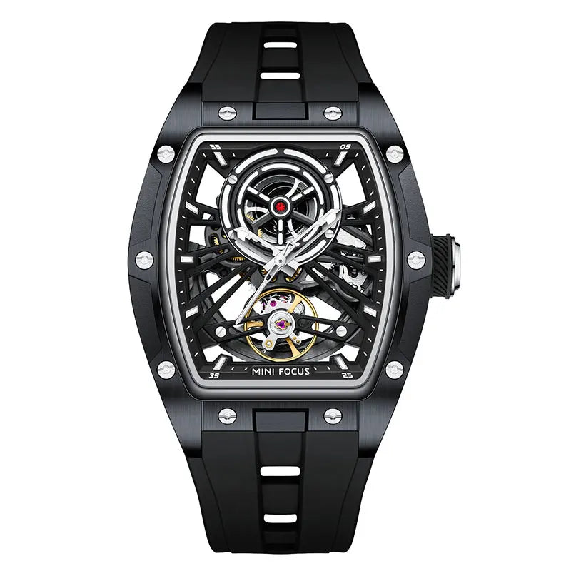MINI FOCUS Orologio da polso da uomo fashion nero impermeabile, automatico meccanico, con lancette luminose, cinturino in silicone e quadrante tonneau