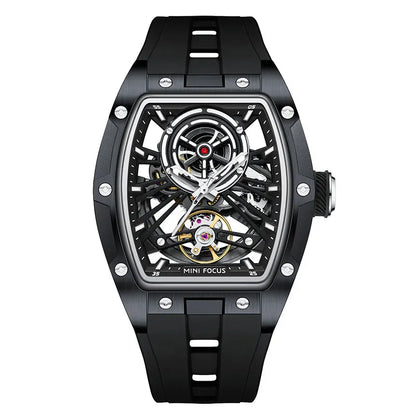 MINI FOCUS Orologio da polso da uomo fashion nero impermeabile, automatico meccanico, con lancette luminose, cinturino in silicone e quadrante tonneau