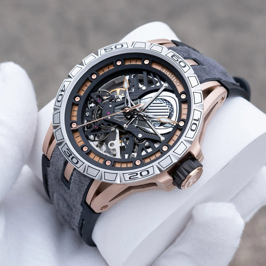 OBLVLO Men's Two Tone Big Skeleton Dial Mechanical Automatic Watch Luminous Waterproof Rubber Band Machinery Clock RD-903