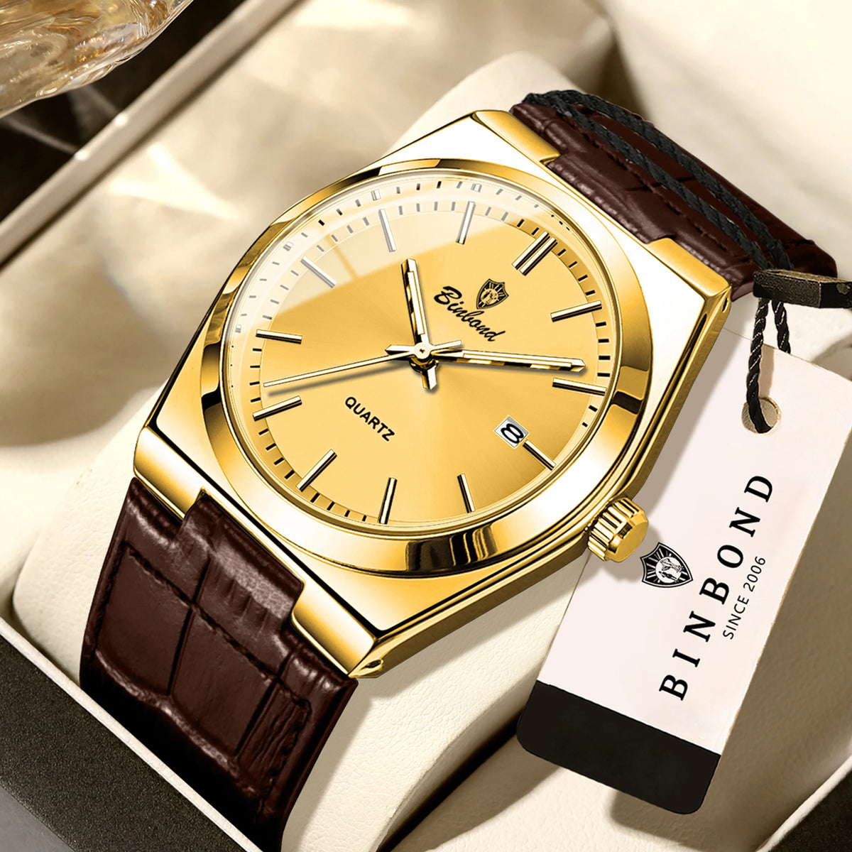 BINBOND luxury quartz wristwatch for men – Water-resistant, luminous, with automatic date – Professional, sporty, trendy and casual styles – Leather strap