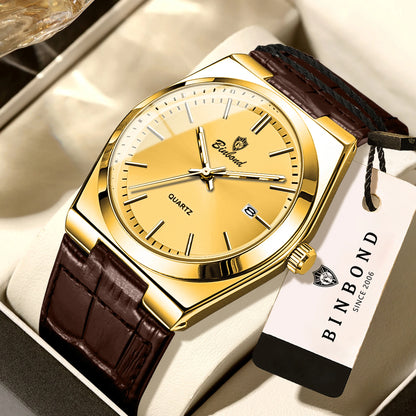 BINBOND luxury quartz wristwatch for men – Water-resistant, luminous, with automatic date – Professional, sporty, trendy and casual styles – Leather strap