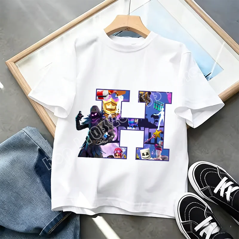 Fortnite A-Z Alphabet Print T-Shirt Summer Kids White Clothing Popular Cartoon Game T-Shirt Fashion Casual Short Sleeve Top Gift