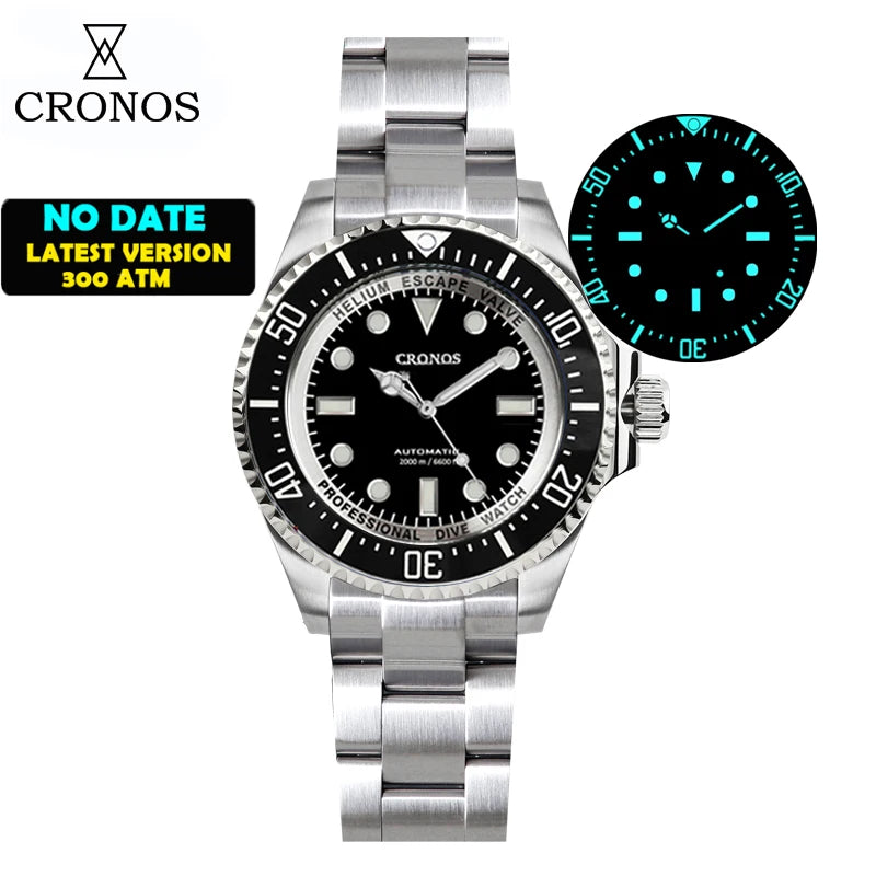 Cronos Automatic Diving Watch Stainless Steel 2000 Meters Water Resistance Professional Diver PT5000 SW200 Miyota9015 90S5 L6027M