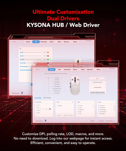 KYSONA Jupiter Series Gaming-Maus kabelgebunden/kabellos 8Khz PAW3950-Sensor Bluetooth 46g wiederaufladbar Web-Treiber für PC und Laptop