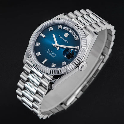 Sugess 36mm Mens of Watch Automatic Dandong Peacock SL3034 Day Movement Sapphire Glass 100m Waterproof Wristwatches MOP Date New