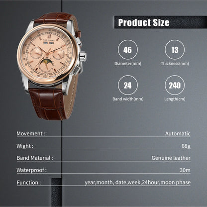 Forsining Retro Mechancial Watches Moon Phase Shanghai Movement Rose Gold Case Brown Leather Strap Luxury Automatic Mens Watch