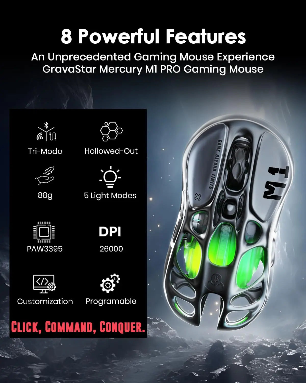 GravaStar Mercury M1 Pro Wireless Gaming Mouse 26000 DPI, Tri-Mode Wired, 2.4GHz & Bluetooth Gaming Mouse with GLOWSYNC RGB