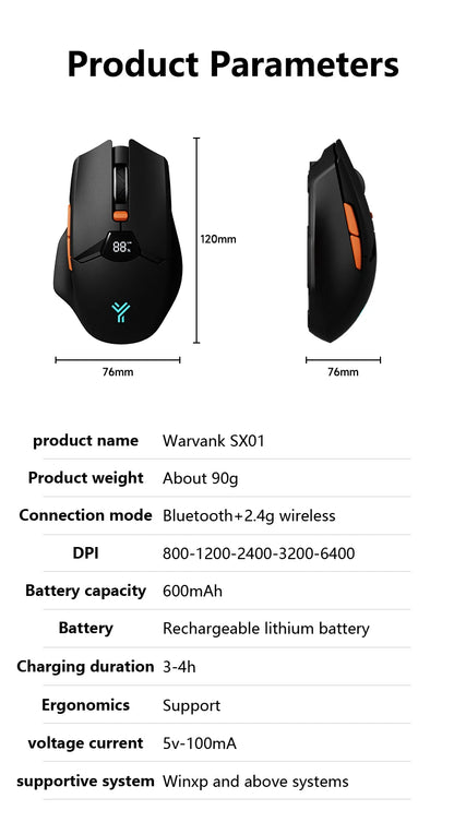 Bezdrôtová herná myš Warvank SX01 so smart displejom, 6-stupňovým nastavením DPI, 600mAh nabíjateľná tichá kancelárska Bluetooth myš