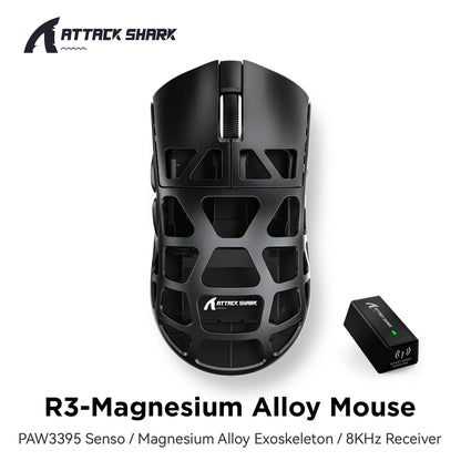 Mouse de gaming ATTACK SHARK R3 din aliaj de magneziu cu structură tip fagure, ultra-ușor, 8K Hz, senzor PAW3395, 26000 DPI, carcasă ergonomică