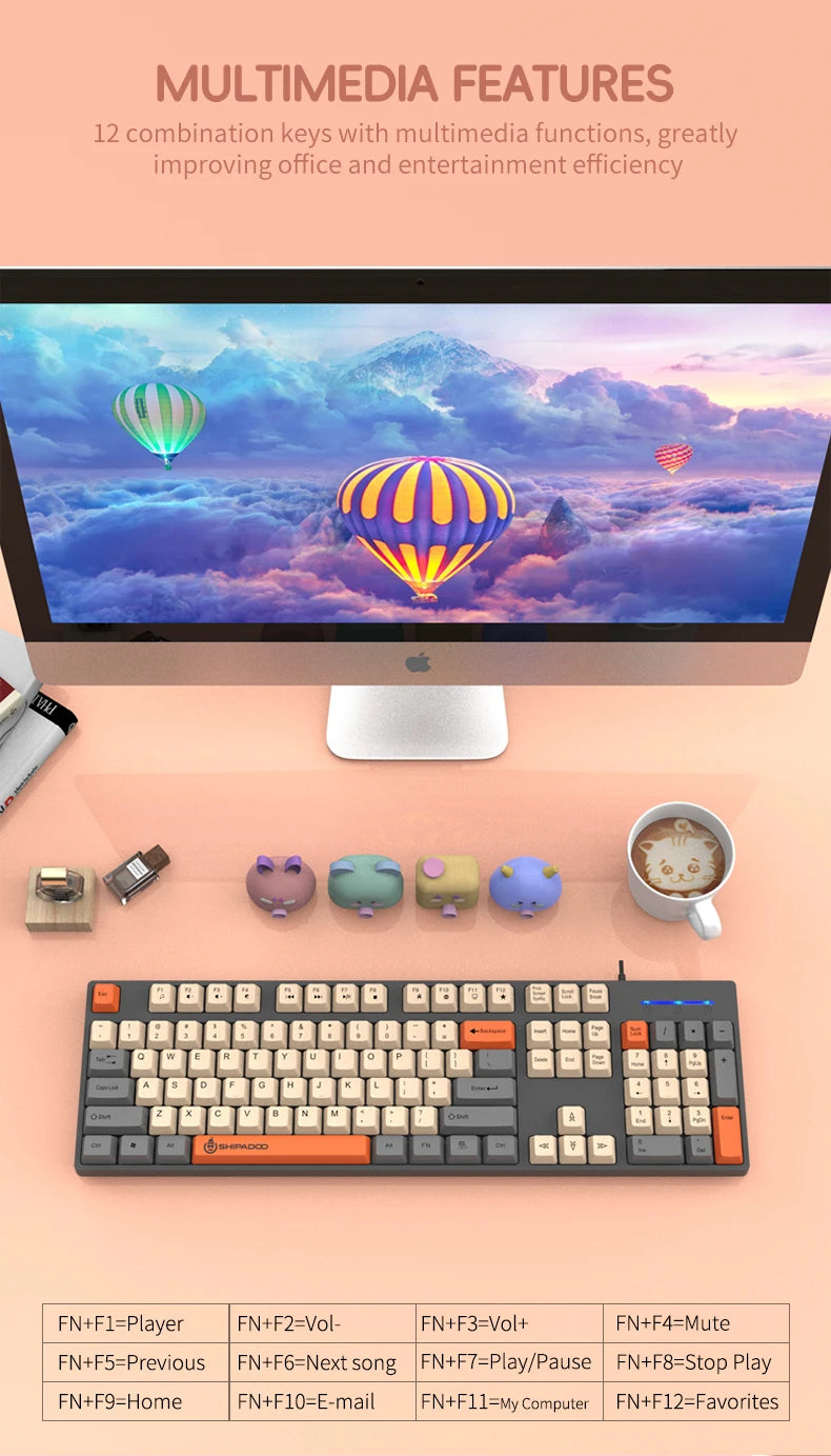 104 Keys Wired Gaming Keyboard Ergonomics Splash Water Colorful ABS Wear-resistant Keycaps Keyboards with Technology Light Key