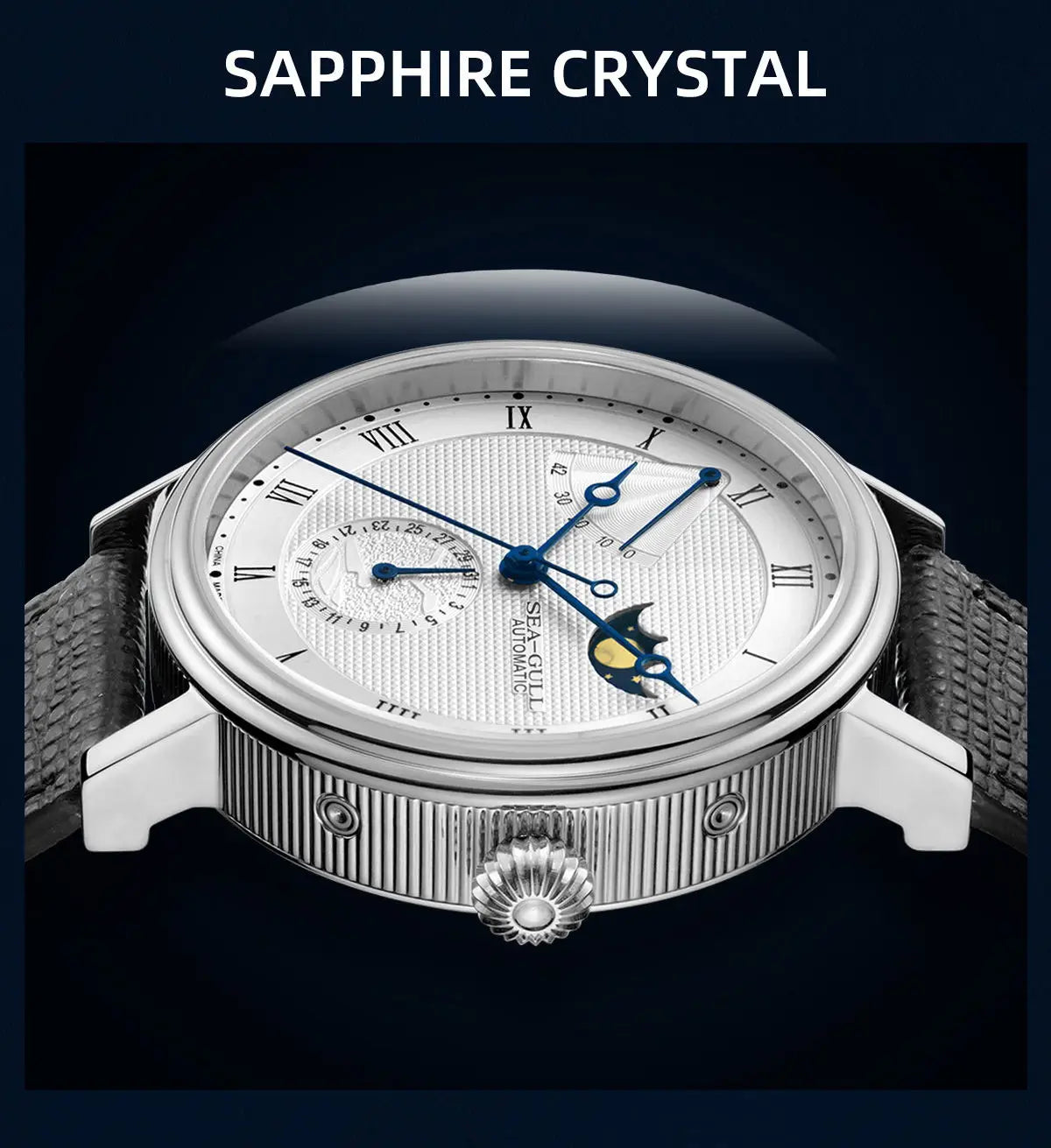 Seagull Men's Business Wristwatch Moon Phase Leather Luxury Automatic Mechanical Men's Watches 50M Waterproof Relogio 6092