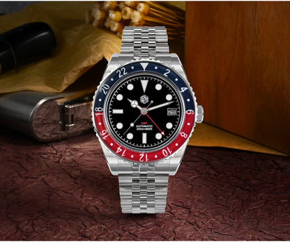 San Martin 40mm SN0005 Retro GMT NH34 Automatic Distressed Patina Dial Bi-color Sapphire Bezel Jubilee Mens Watches 20Bar Lume