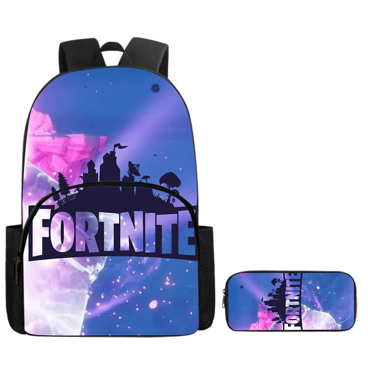 Fortnite Cartoon 2-Piece Set Backpack with Front Pocket Pencil Case Unisex Large Capacity School Bag Ages 5-8