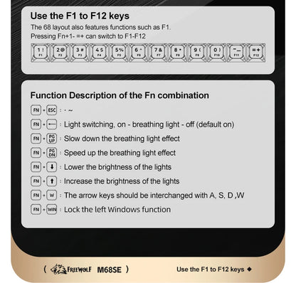 FREEWOLF M68SE Mini-Tastatur mit 68 Tasten, kabelgebunden, RGB-Hintergrundbeleuchtung, Type-C, 68-%-Layout, kompakt, für Gaming, Büro, PC und Laptop