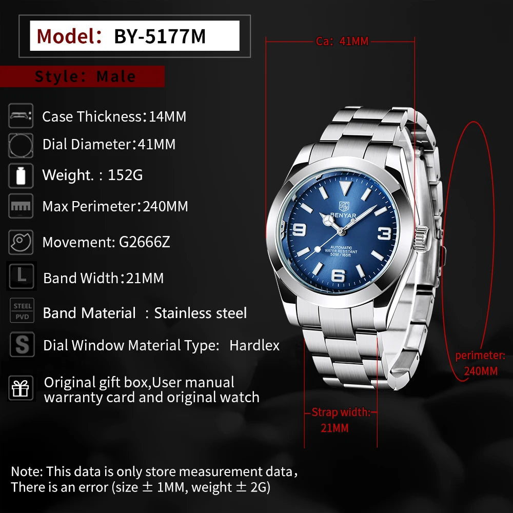 BENYAR 2025 New Men's Automatic Mechanical Watch Business Sports Luxury Men's Watches 50M Waterproof Clock Relogios Masculino