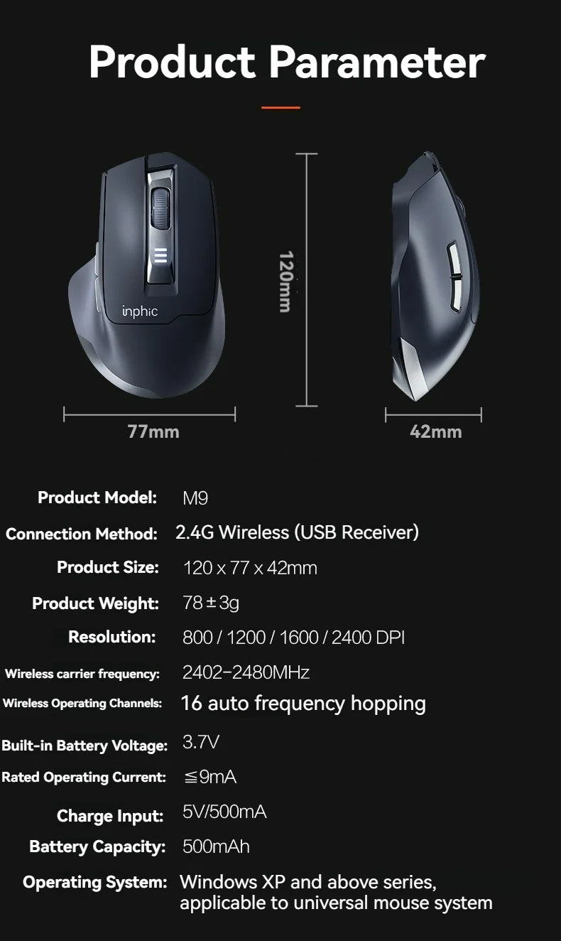 Ratón inalámbrico Inphic M9 con receptor USB 2.4G, recargable Type-C, botón silencioso, visualización de energía, ergonómico para oficina, universal