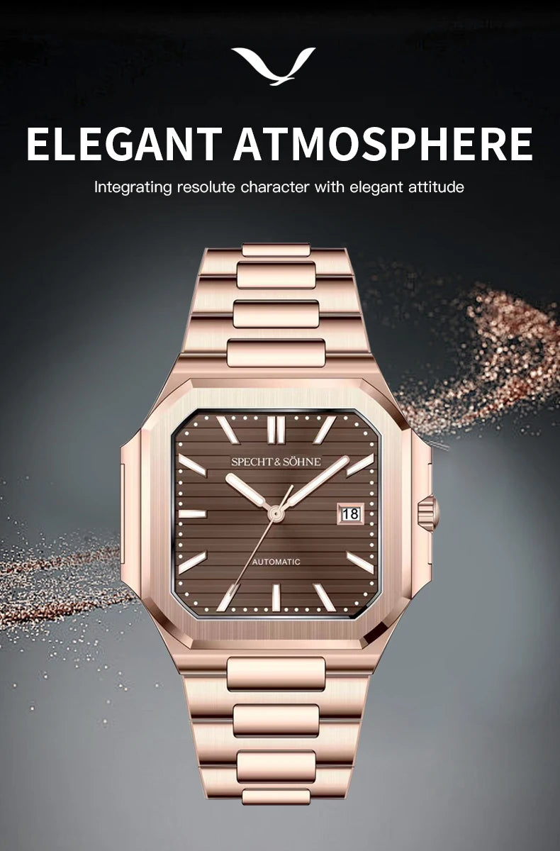 2025 Specht & Söhne Men's Classic Cubic Automatic Mechanical Watch 50M Waterproof Luminous Sapphire Crystal Reloj Hombre 41MM