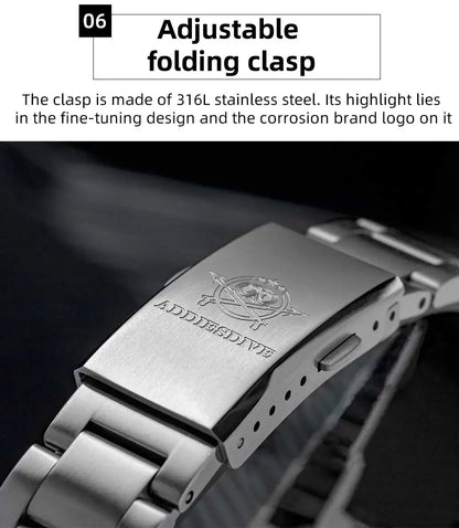 ADDIESDIVE New Men's Analog Watch Bubble Mirror Glass 100m Luminous Men's Quartz Watches with Stainless Steel Bracelet AD2096