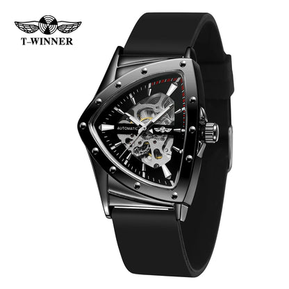 WINNER High Quality Watch for Men Triangle Steel Skeleton Mechanical Automatic Movement Clockwork Waterproof Rubber strap Wrist